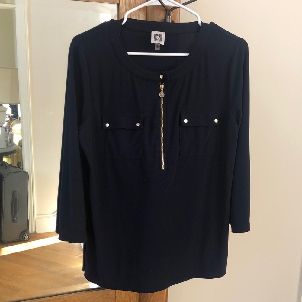 ANNE KLEIN Three Quarter Sleeve Blue Zip Front Blouse, Size Medium